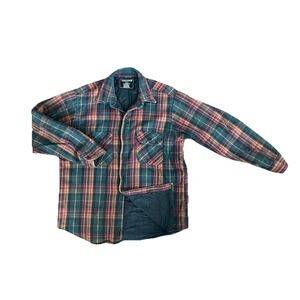Thunder Mens Vintage Quilted Flannel Shirt Jacket Green Burgundy Plaid Large